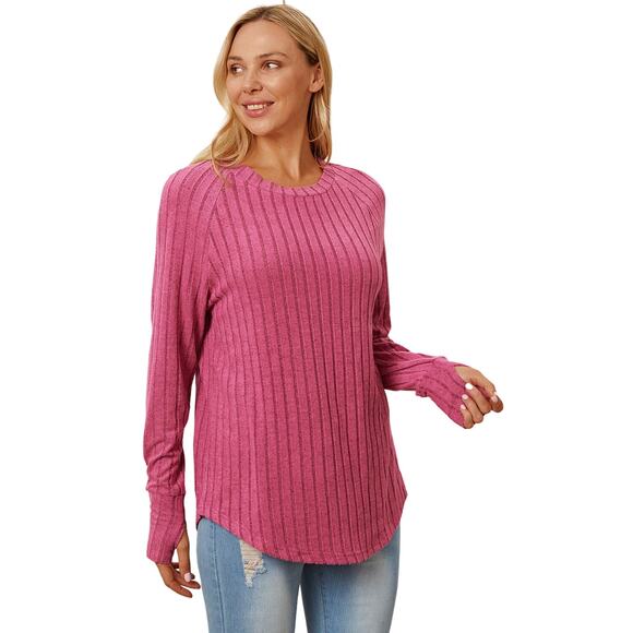 BASIC BAE Pink Ribbed Long Sleeve Thumbhole Rounded Hem Top NEW Misses Medium - Picture 1 of 11